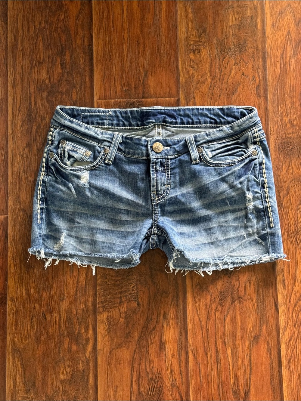 BKE Women's Frayed Distressed Denim Shorts - Light Blue